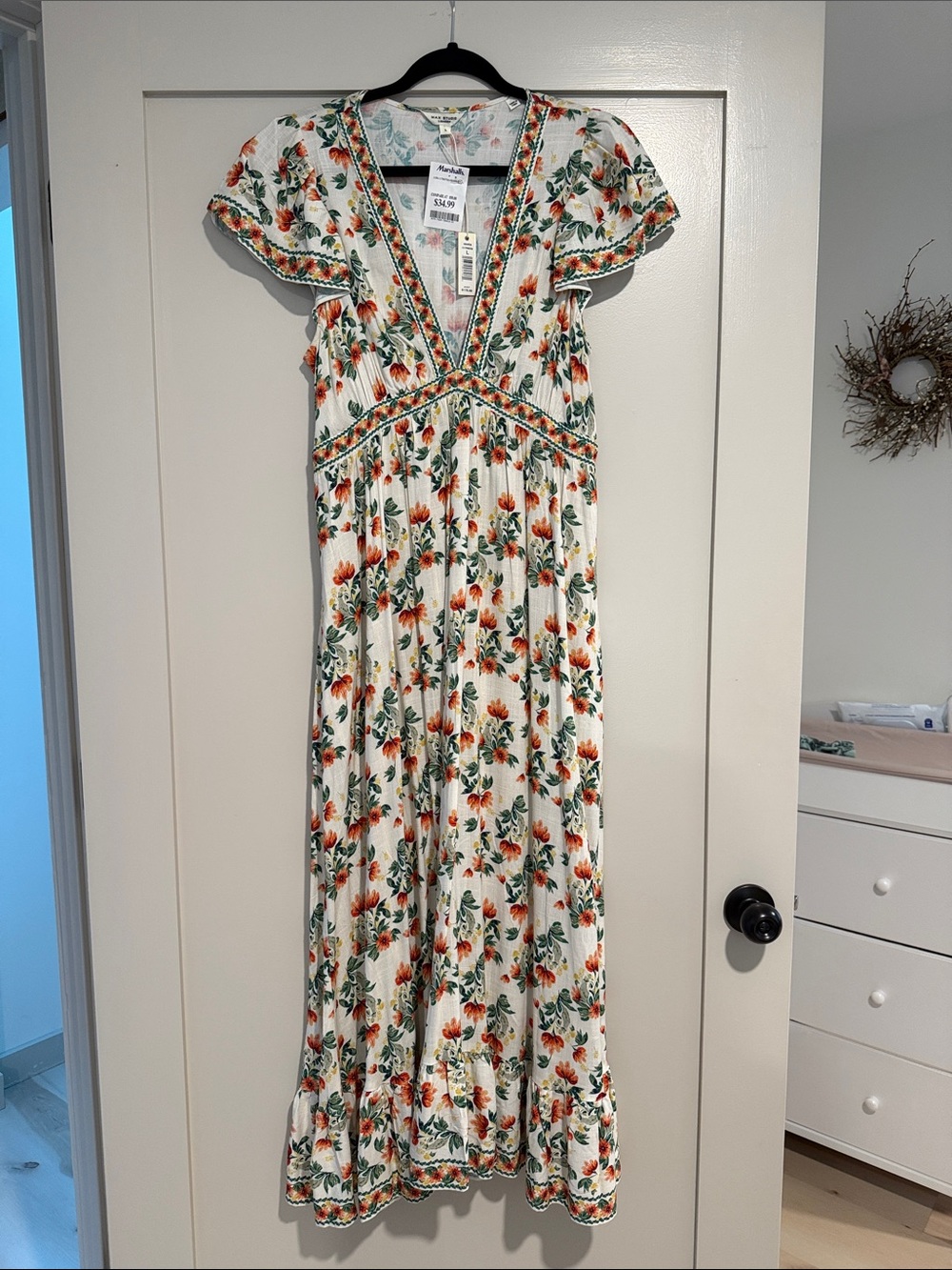 Max Studio White Maxi Dress with Orange Floral & Green Leaves